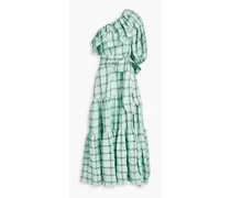 One-shoulder gathered checked linen midi dress - Green