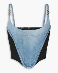 Versace Cropped embellished paneled denim and jersey bustier top - Blue Blue