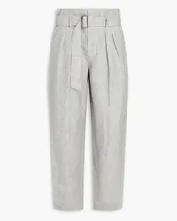 Brunello Cucinelli Belted herringbone hemp and linen-blend tapered pants - Gray Gray