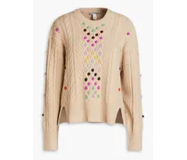 Pompom-embellished cable-knit sweater - Neutral
