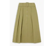 STAUD Kingsley belted pleated stretch-cotton midi skirt - Green Green