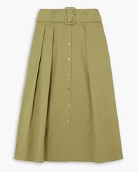 STAUD Kingsley belted pleated stretch-cotton midi skirt - Green Green