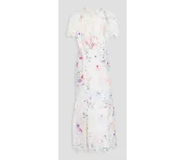 Fluted floral-print guipure lace midi dress - White
