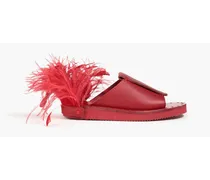 Feather-trimmed leather slides - Red
