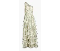 Mikael Aghal One-shoulder tiered floral-print crepe de chine gown - Yellow Yellow