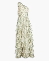 Mikael Aghal One-shoulder tiered floral-print crepe de chine gown - Yellow Yellow