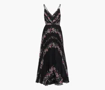 Belted pleated floral-print chiffon gown - Black