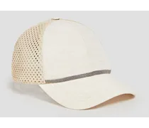 Bead-embellished linen and suede cap - White