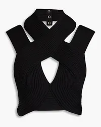 Balmain Cropped cutout ribbed-knit zip-up top - Black Black