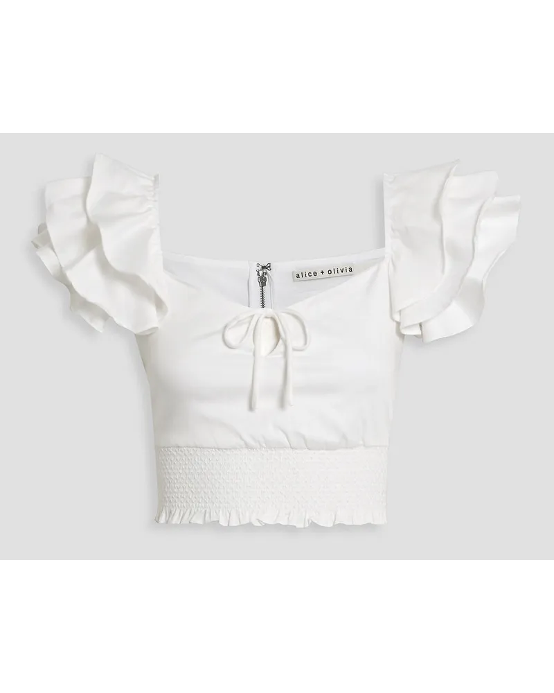 Alice + Olivia Alice Olivia - Shanae cropped ruffled smocked cotton-blend top - White White