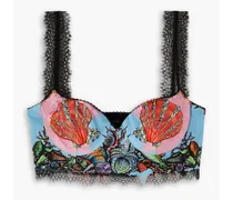 Cropped printed silk-satin and lace bra top - Blue