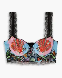 Versace Cropped printed silk-satin and lace bra top - Blue Blue