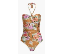 Ruched floral-print halterneck swimsuit - Brown