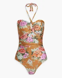 Zimmermann Ruched floral-print halterneck swimsuit - Brown Brown