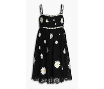 Floral-appliquéd gathered lace dress - Black