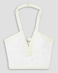 Alessandra Rich Cropped embroidered cotton-blend lace halterneck bustier top - White White