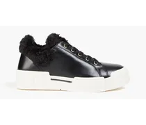 Faux fur-trimmed leather sneakers - Black