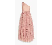 One-shoulder tiered glittered tulle midi dress - Pink