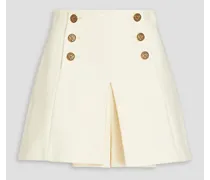Pleated button-embellished wool-blend shorts - White