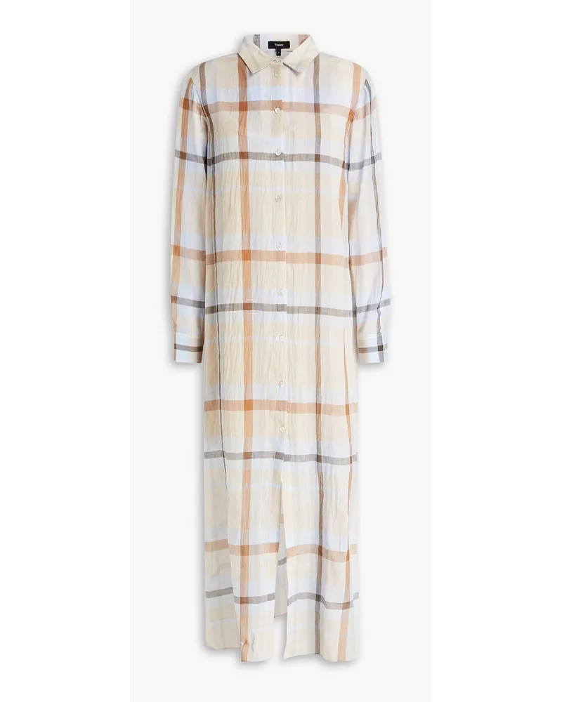 Checked crinkled cotton-voile midi shirt dress - Neutral