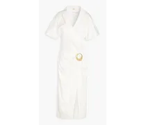 Calista wrap-effect embellished cotton-blend poplin midi dress - White