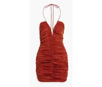 Orielle ruched silk-blend jacquard halterneck mini dress - Red