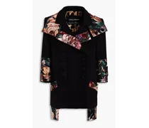 Double-breasted brocade-paneled crepe jacket - Black