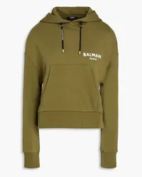 Balmain Flocked French cotton-terry hoodie - Green Green