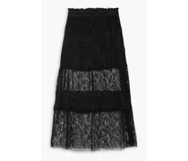 Lace-paneled plissé silk-satin midi skirt - Black