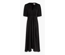 Lea embroidered hammered silk-satin midi dress - Black