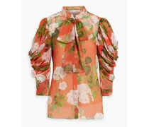 Pussy-bow floral-print silk-chiffon blouse - Orange