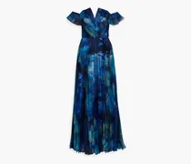Off-the-shoulder pleated printed organza gown - Blue