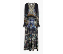 Crystal-embellished printed silk crepe de chine maxi dress - Blue