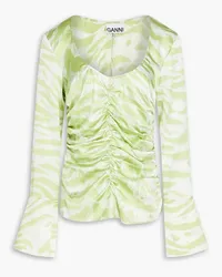 Ganni Ruched zebra-print silk-blend top - Green Green