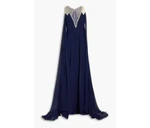 Cape-effect crystal-embellished crepe and chiffon gown - Blue