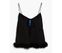 Feather-trimmed satin top - Black