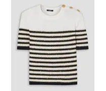 Button-embellished metallic striped knitted T-shirt - White