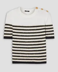 Balmain Button-embellished metallic striped knitted T-shirt - White White