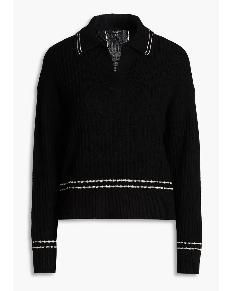 Rag & Bone Monti striped ribbed merino wool polo sweater - Black Black