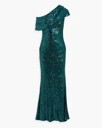 Badgley Mischka One-shoulder draped sequined tulle gown - Blue Blue