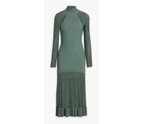 Mesh-paneled ribbed-knit turtleneck midi dress - Green