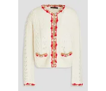 Pompom-embellished ribbed-knit cardigan - White