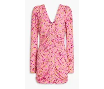 Ruched floral-print jacquard mini dress - Pink