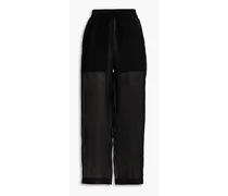 Gathered linen-gauze wide-leg pants - Black