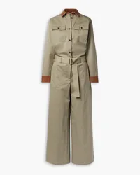 Lafayette148 Spence belted leather-trimmed cotton-blend twill jumpsuit - Neutral Neutral