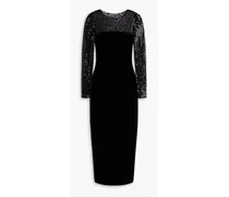 Cutout sequin-embellished tulle-paneled velvet midi dress - Black