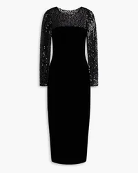 RASARIO Cutout sequin-embellished tulle-paneled velvet midi dress - Black Black