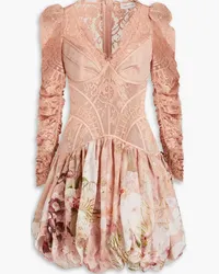 Zimmermann Flocked silk and linen-blend tulle, lace and gauze mini dress - Pink Pink