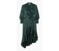Asymmetric ruffled silk-satin midi wrap dress - Green