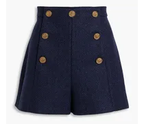Button-detailed herringbone wool-tweed shorts - Blue
